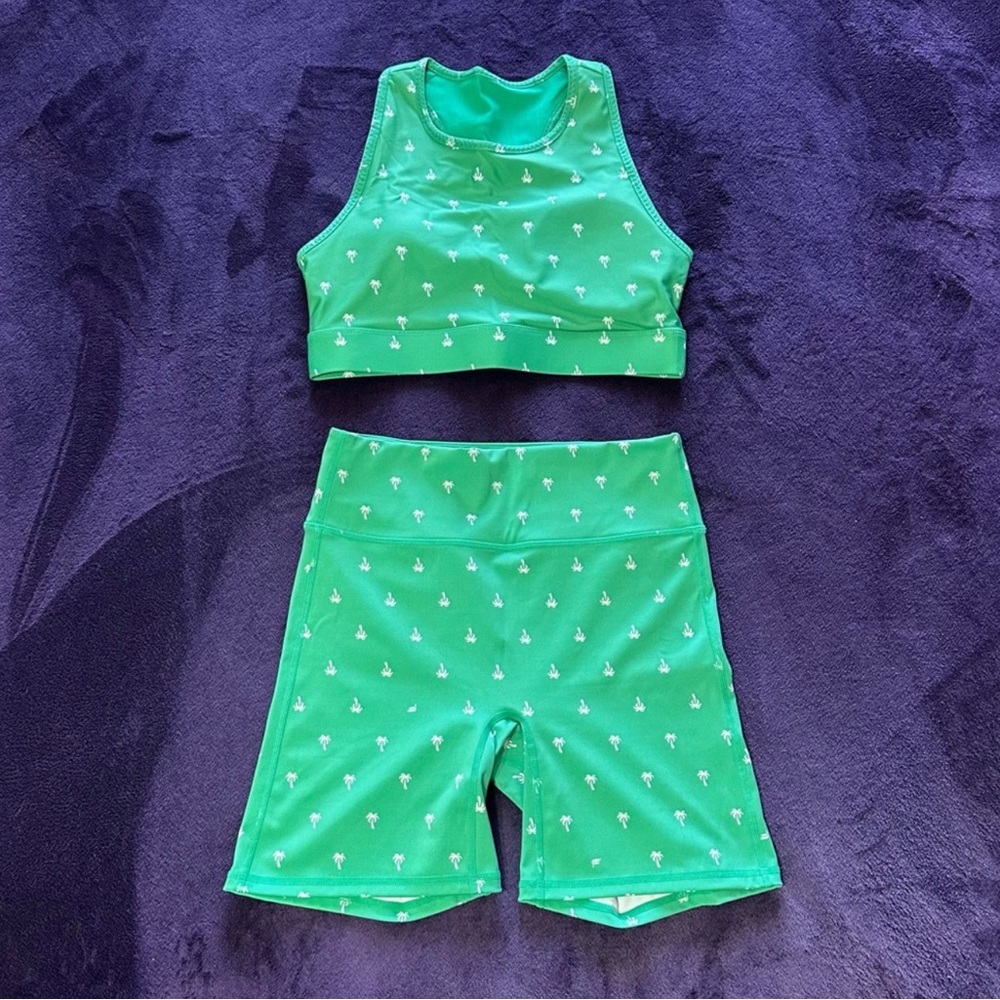 Fabletics Green Palm Print Sports Bra & Biker Short Set Sz M | NWOT - Picture 8 of 14
